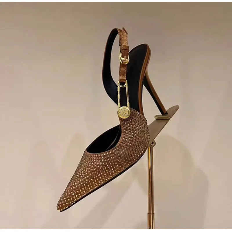 Zapatos de tacón de lujo con hebilla de lentejuelas y diamantes de imitación para mujer, zapatos de tacón alto de aguja con punta estrecha, zapatos de moda para primavera y verano