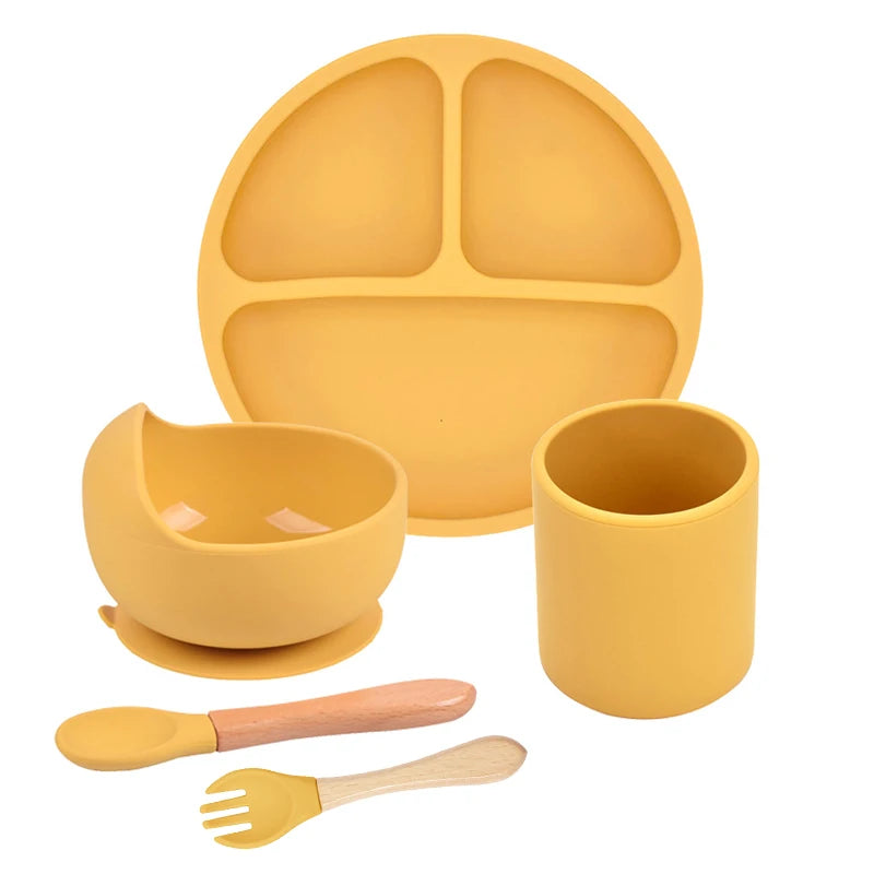 Juego de alimentación de silicona para bebé, cuenco de silicona, plato de comedor, cuchara, tenedor, platos para niños, vajilla de silicona sin BPA, 3/4/5 Uds.