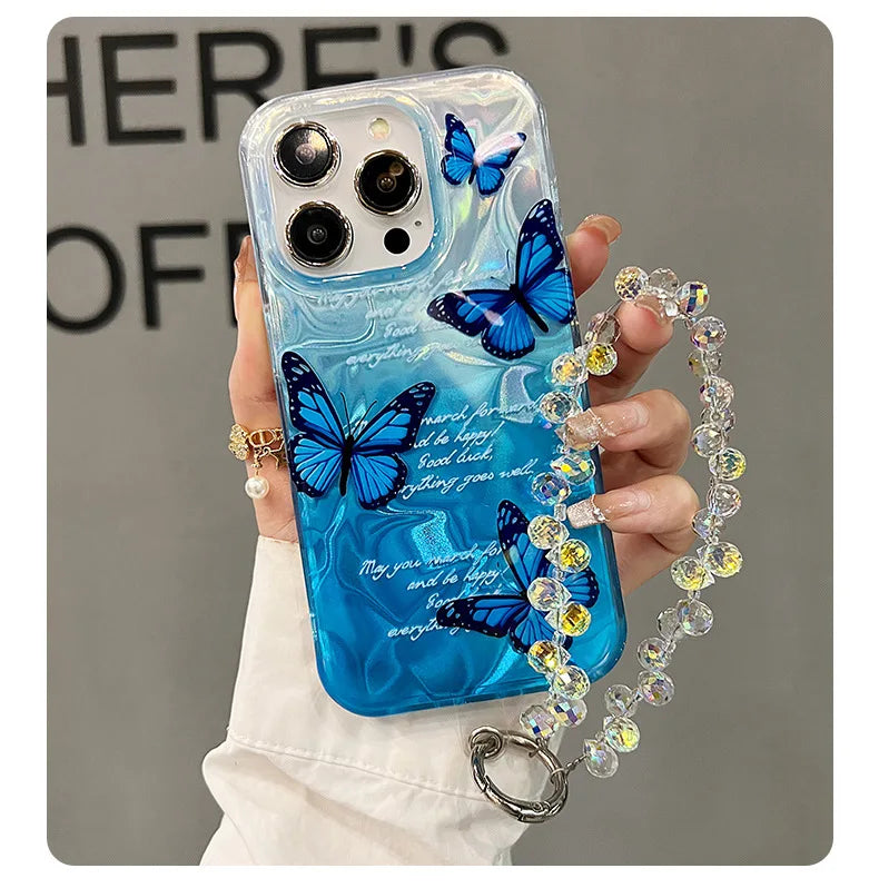 Funda de teléfono de arena con plumas graduales plateadas y mariposas de lujo para iPhone 16 15 14 13 12 11 Pro Max X XR 7 8 Plus, funda con cordón