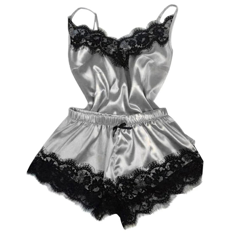 Conjunto de pijama de satén con encaje para mujer, ropa de dormir erótica, Sexy, con tirantes, a la moda