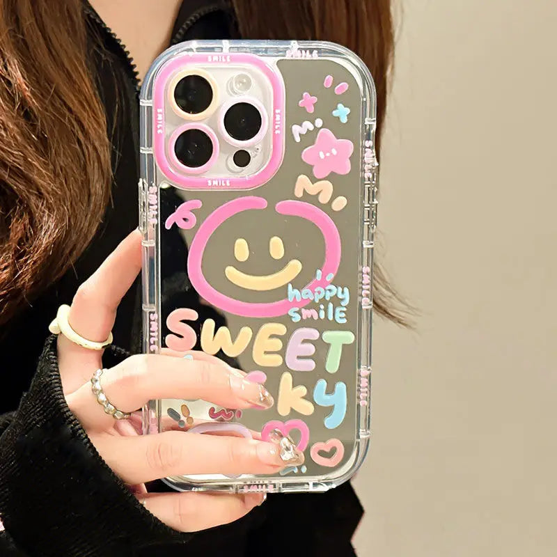 Dulce sonrisa de la suerte patrón espejo de maquillaje funda trasera dura para iPhone 13 15 16 Pro Max 14 11 12 Linda chica cubierta a prueba de golpes