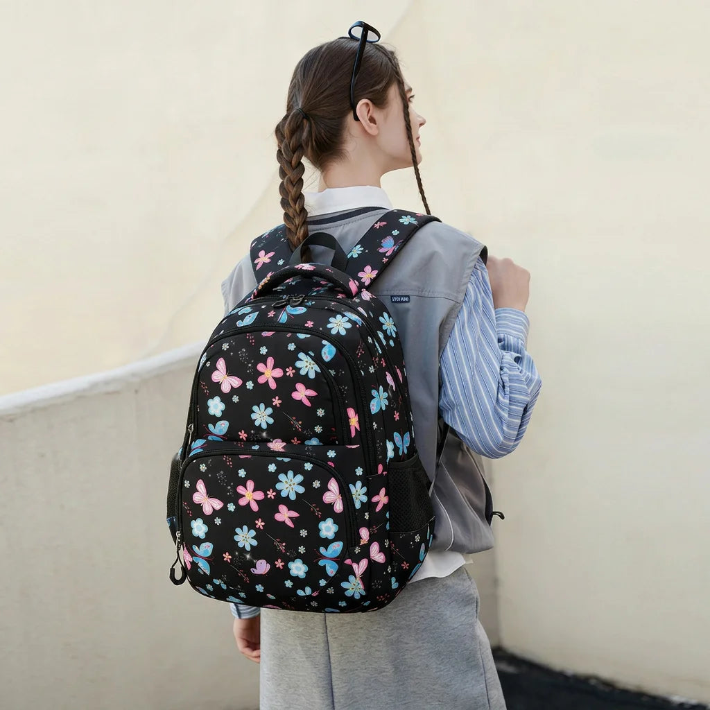 Juego de 3 Piezas de Mochila Escolar para Niños con Estampado de Mariposas y Flores, Resistente al Agua, Ligera, con Lonchera Aislada y Estuche para Lápices