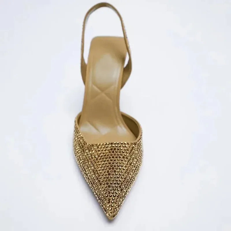 Zapatos de tacón alto 2025, novedad de verano, sandalias de marca para mujer, zapatos de tacón alto con hebilla de cristal a la moda, zapatos dorados elegantes para fiesta para mujer
