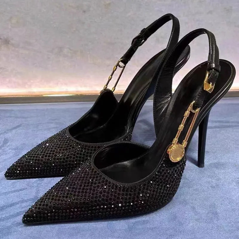 Zapatos de tacón de lujo con hebilla de lentejuelas y diamantes de imitación para mujer, zapatos de tacón alto de aguja con punta estrecha, zapatos de moda para primavera y verano