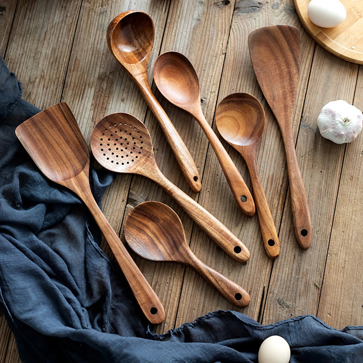 Utensilios de cocina de madera, juego de cuchara y espátula para el hogar, cuchara para ensalada, tenedor, cuchara agitadora, juego de cocina para hornear con cubo de almacenamiento