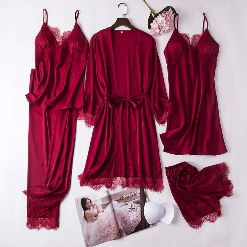 Conjunto de pijama de seda blanca para mujer, bata de boda de 5 piezas, camisón Sexy de encaje, ropa de dormir, Kimono, albornoz, lencería