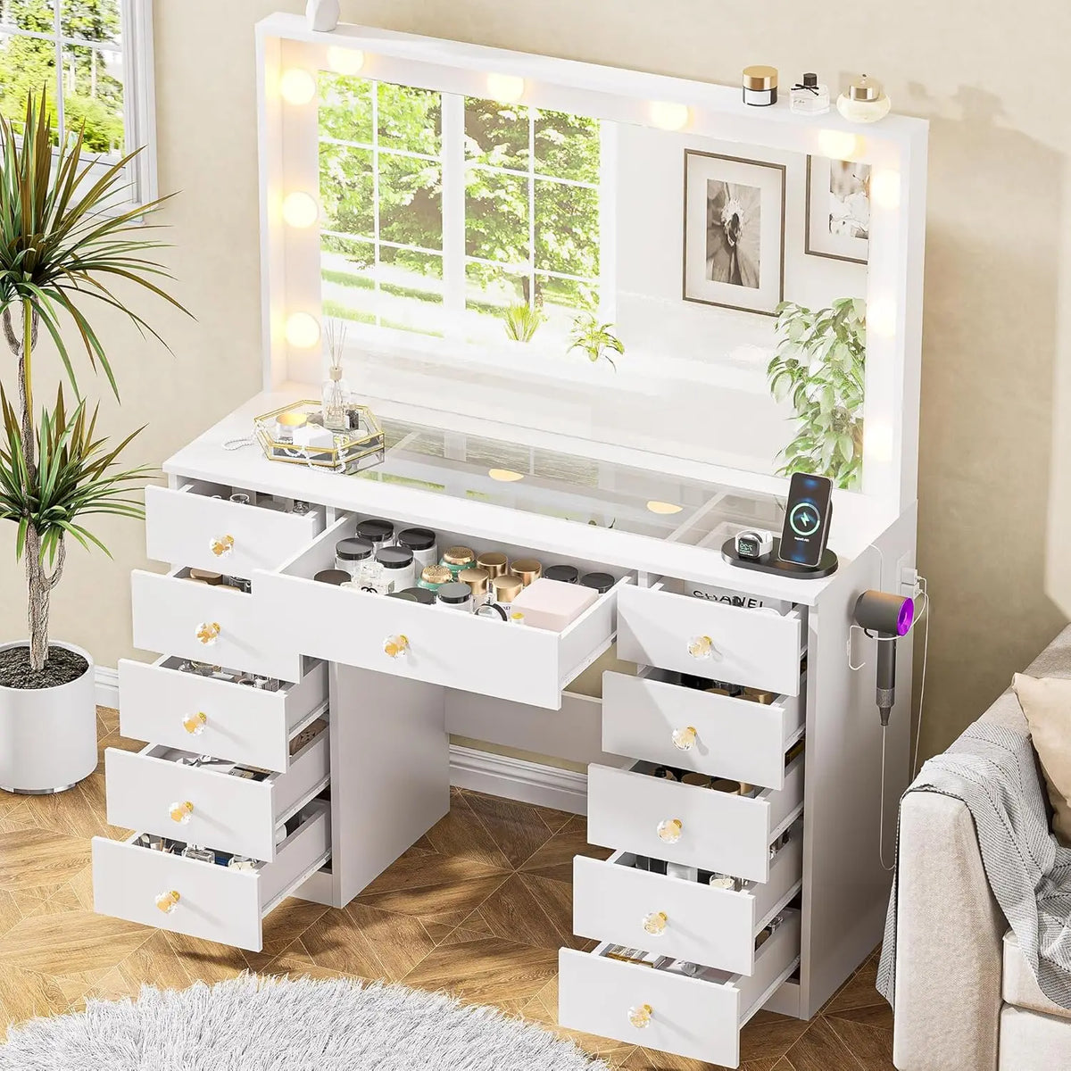 Tocador con Espejo Grande y 10 Luces LED, Escritorio de Tocador con Cubierta de Cristal, 11 Cajones con Tiradores de Cristal, Mesa de Maquillaje, Personalizable