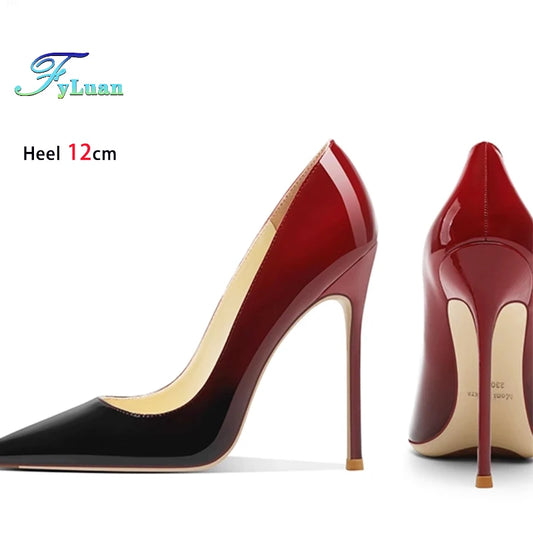 6CM 8CM 10CM 12CM temperamento zapatos individuales señoras negro rojo Color degradado verano puntiagudo charol tacones finos mujeres bombas