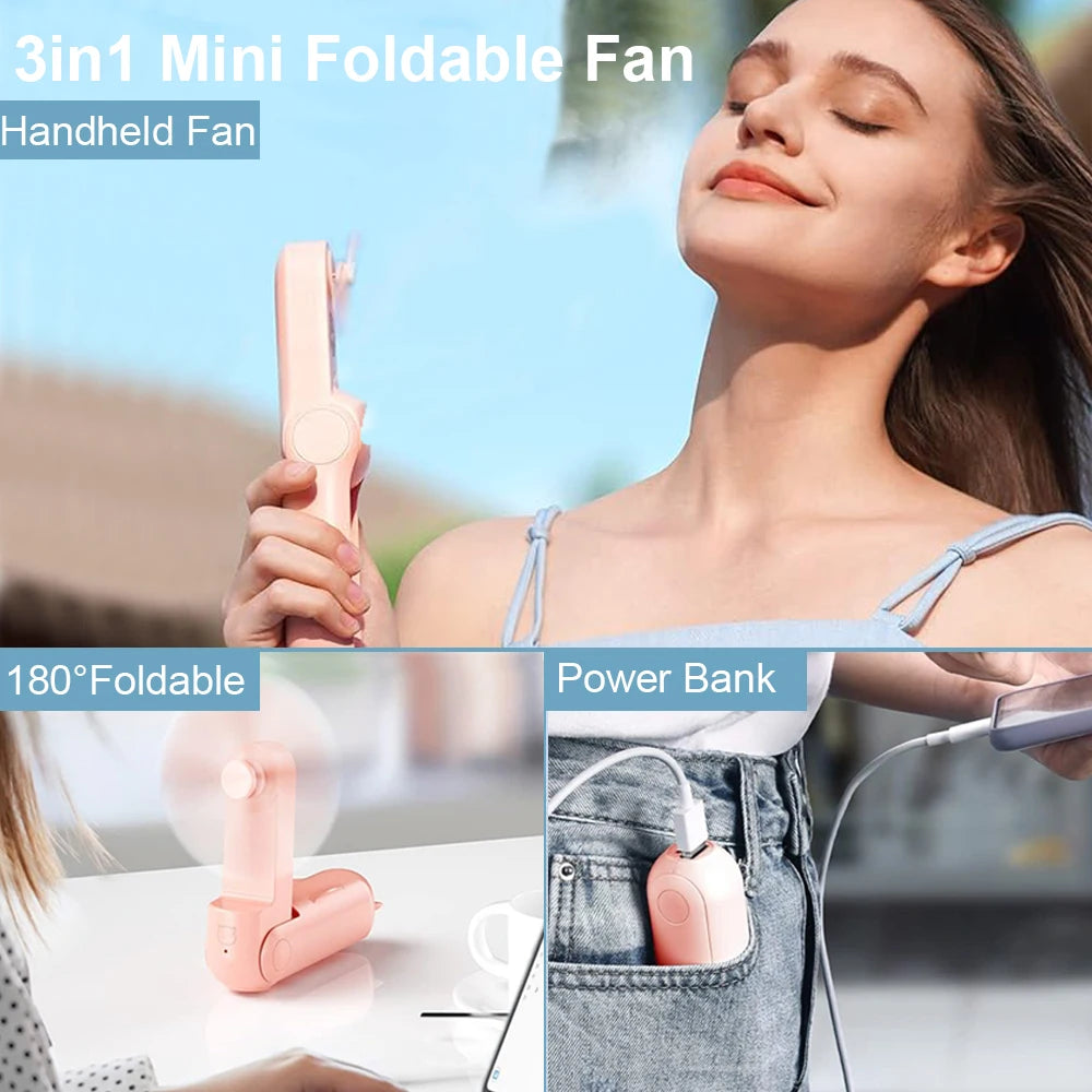 Ventilador portátil 2000mAh USB recargable 3 velocidades Mini ventilador plegable de mano pequeño ventilador de viaje de bolsillo con práctico banco de energía