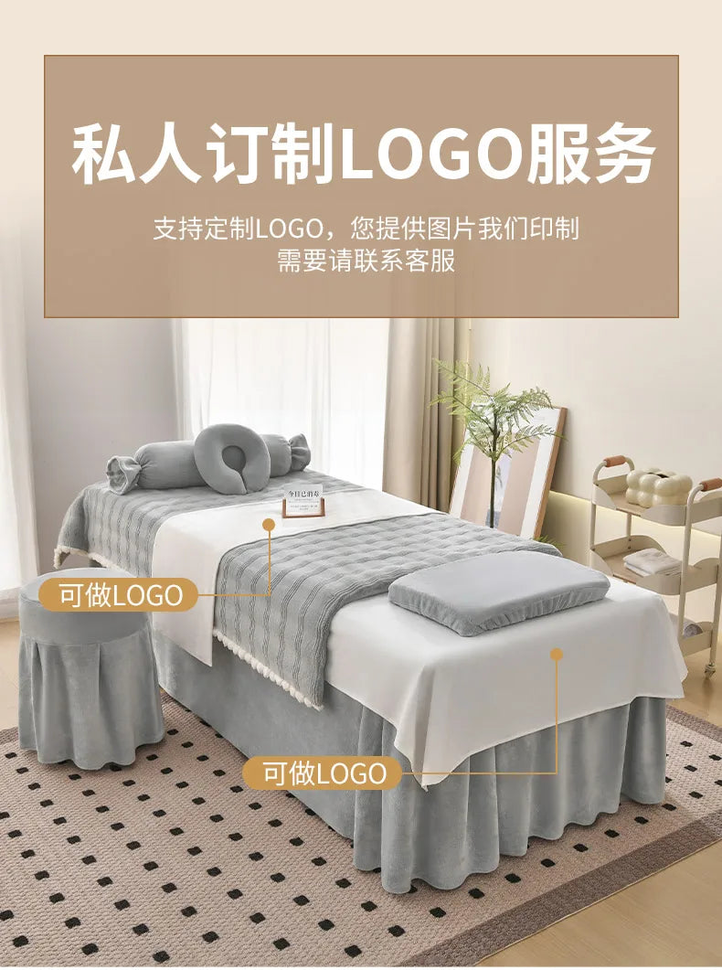 Juego de cama gruesa de terciopelo de leche para salón de belleza, falda de cama de Spa para masaje, funda de almohada, funda de taburete y funda nórdica, Sábana de salón para Club, 4 Uds.