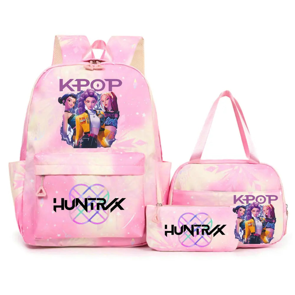 Conjunto de mochila con estampado de KPop Demon Hunters con bolsa para el almuerzo y estuche para lápices, mochila para exteriores de gran capacidad, ligera y transpirable