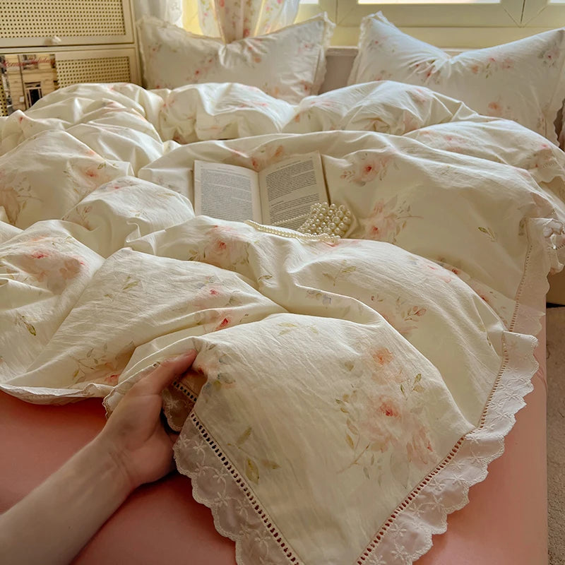 Juegos de funda nórdica de algodón lavado, juego de cama con estampado de flores individual/Queen/king, estilo princesa, funda de couette de 220x240 con encaje