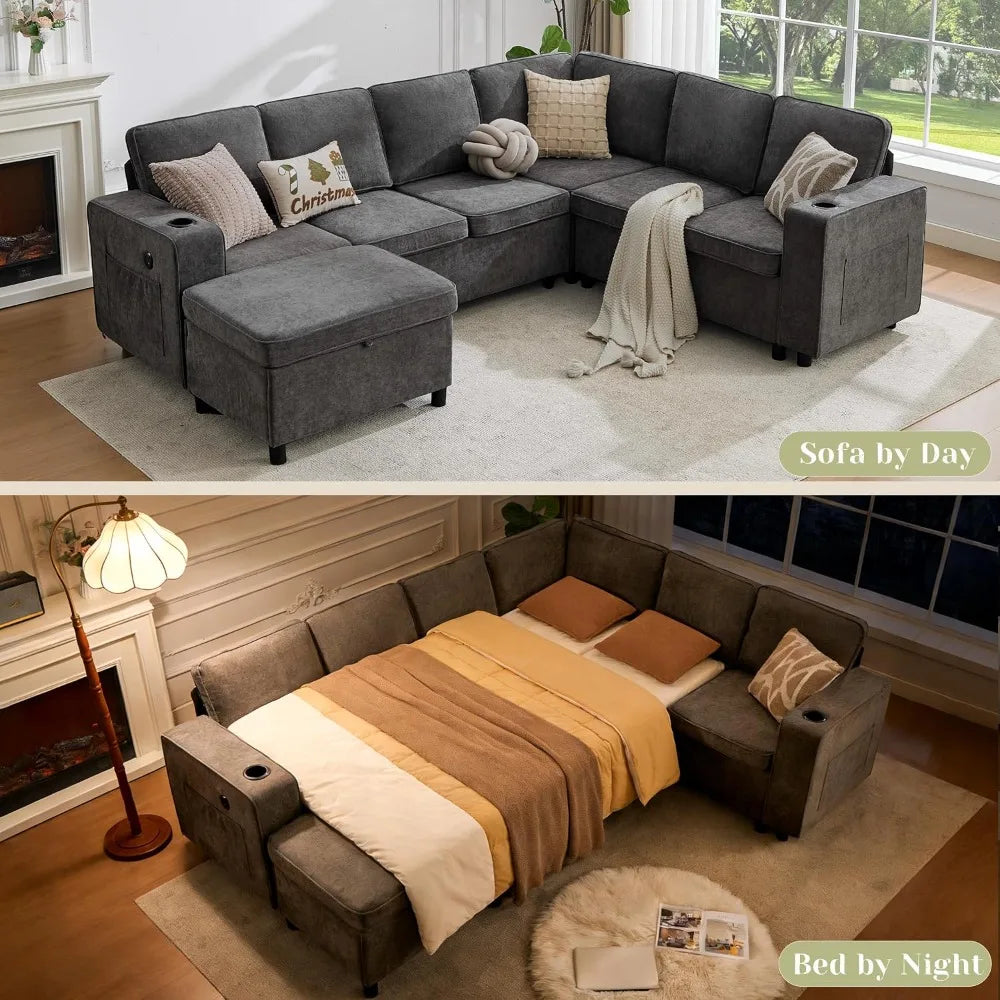 Sofá Seccional Modular de 107 Pulgadas con Cama Extraíble, Sofá Seccional en Forma de U de 7 Plazas con Otomana de Almacenamiento, USB, Personalizable