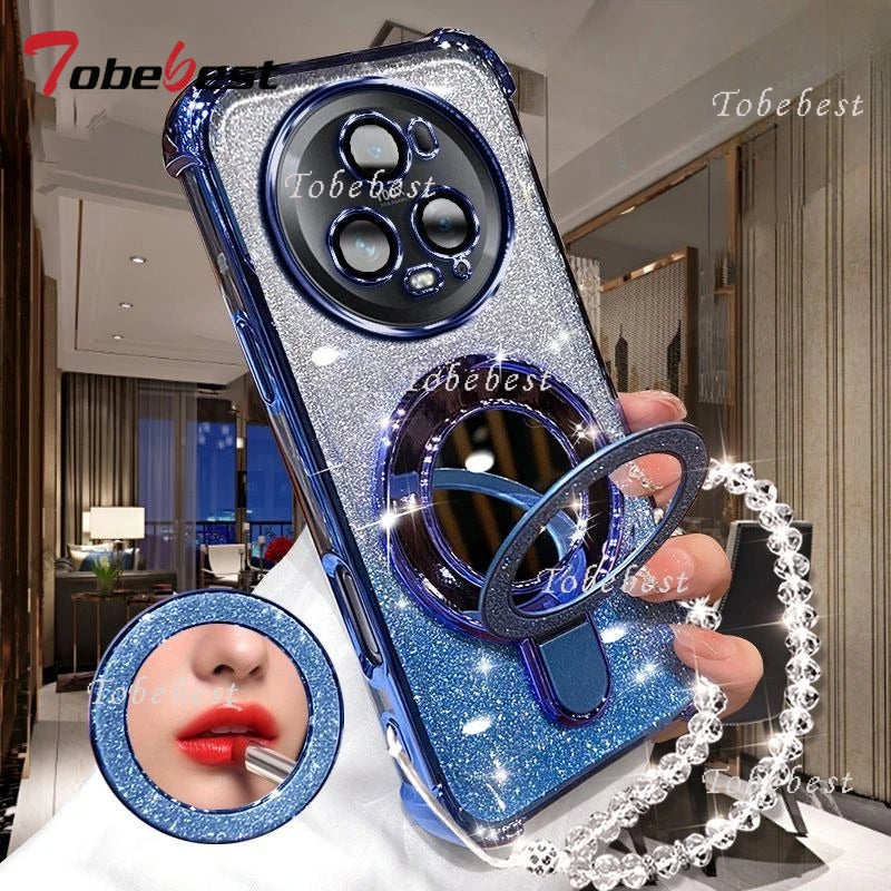 Para Huawei Honor Magic 7 Lite 6 5 4 3 Pro funda con brillo chapado espejo de maquillaje soporte magnético para teléfono funda de pulsera