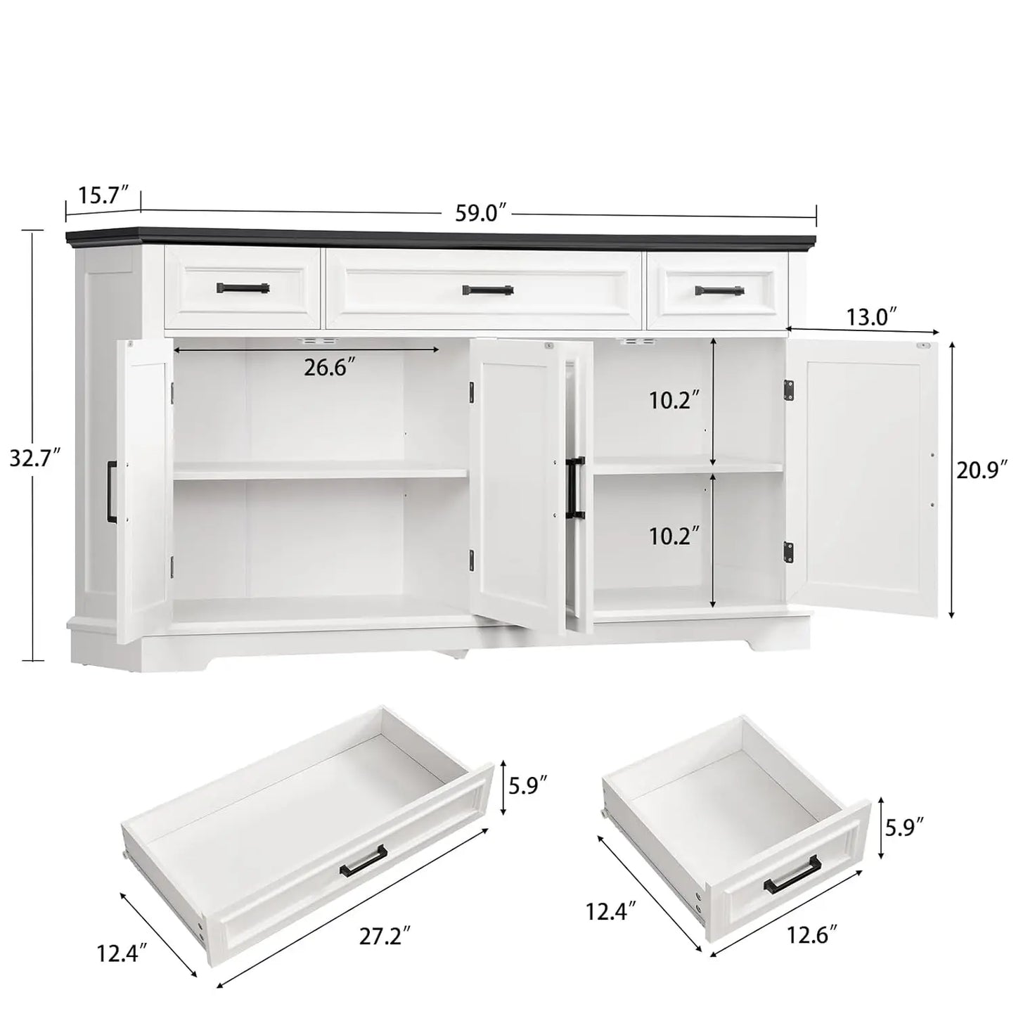 59" Large Buffet Cabinet with 4 Doors 3 Drawers Adjustable Shelves Coffee Wine Bar Storage Living Room, Customized