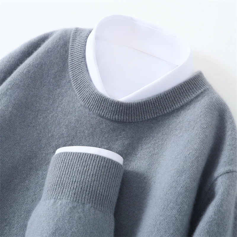 Otoño/Invierno, jersey de cachemira pura de 100% para hombre, suéter de punto liso informal de negocios, Tops sueltos de cuello redondo, jersey grueso y cálido