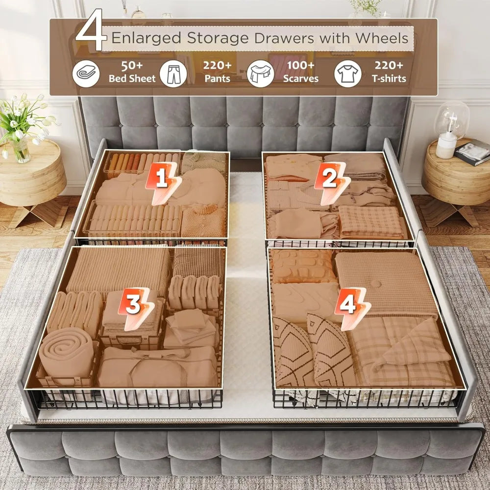 Base de Cama King con 6 Cajones, Luces LED, Cabecera de Terciopelo, Estación de Carga, Sin Somier, Silenciosa, Fácil Montaje, Gris