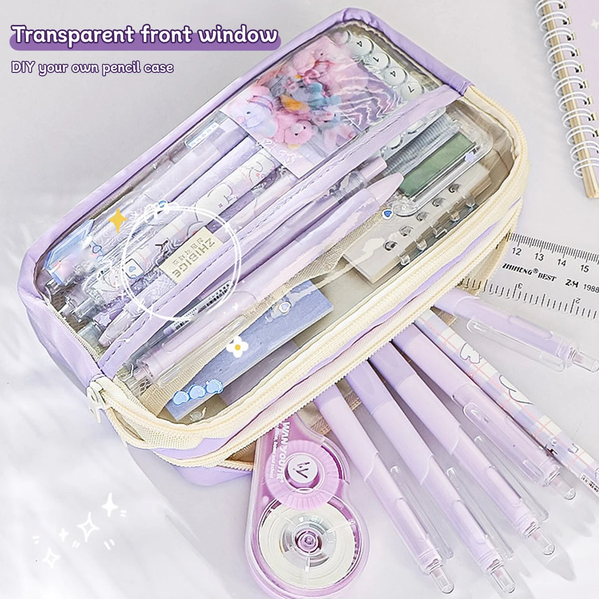 Bolsa de lápices transparente de cuatro capas, bolsa de papelería para estudiantes, bolsa de almacenamiento de gran capacidad, suministros de oficina escolar, papelería, 1Pc