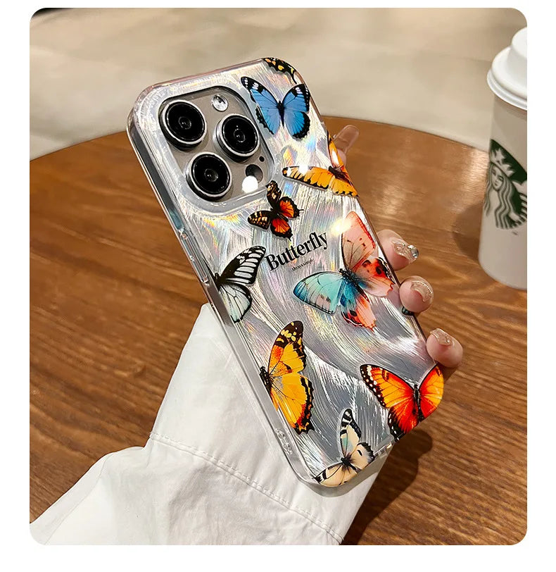 Funda de teléfono de arena con plumas graduales plateadas y mariposas de lujo para iPhone 16 15 14 13 12 11 Pro Max X XR 7 8 Plus, funda con cordón