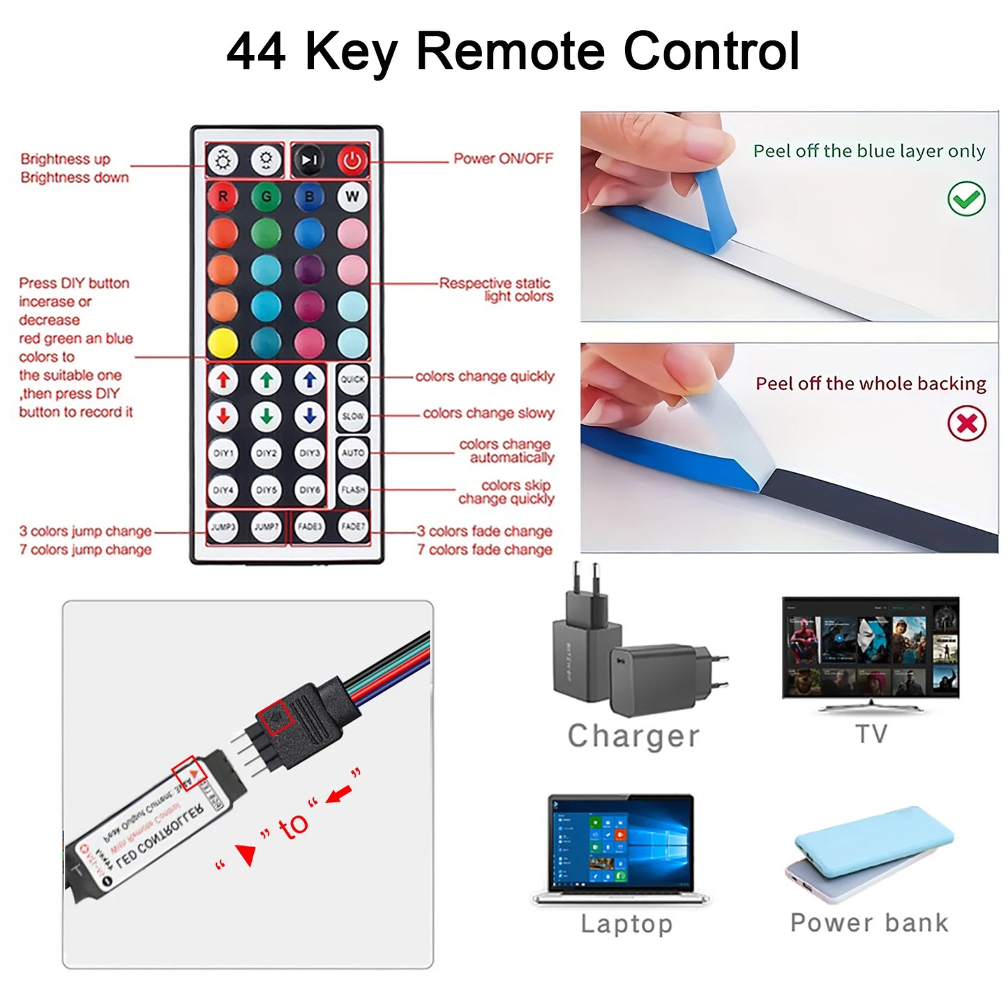 Tira de luces Led con Control remoto de 44 teclas, 1m, 5m, 10m, 20m, cinta RGB, pared Led para habitación, hogar, dormitorio, decoración de fiesta, retroiluminación de TV