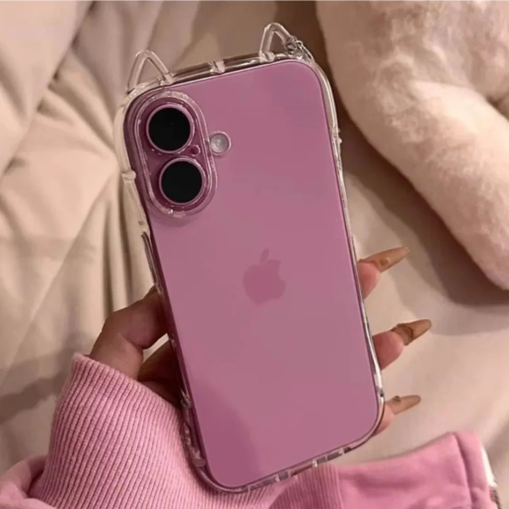 Funda Transparente con Orejas de Gato para iPhone 17 12 13 14 15 16 E Pro Max 11 7 Xr X Xs Max, Carcasa Protectora Antigolpes