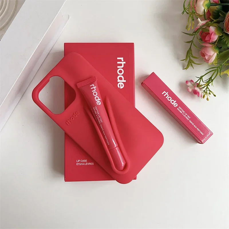 Maquillaje Rhode con caja, soporte para lápiz labial, funda de teléfono para IPhone17 Air 11 12 13 14 15 16 Pro Max Plus, funda suave de silicona para brillo de labios
