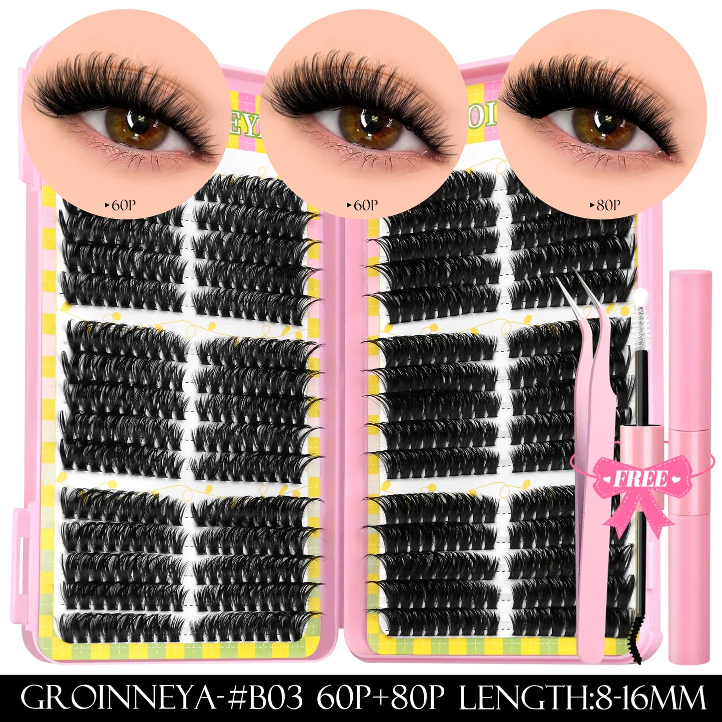 GROINNEYA Clusters de pestañas 540 Uds Kit de extensiones de pestañas de gato Kit de pestañas en racimo con Kit de maquillaje de pestañas Bond & Seal