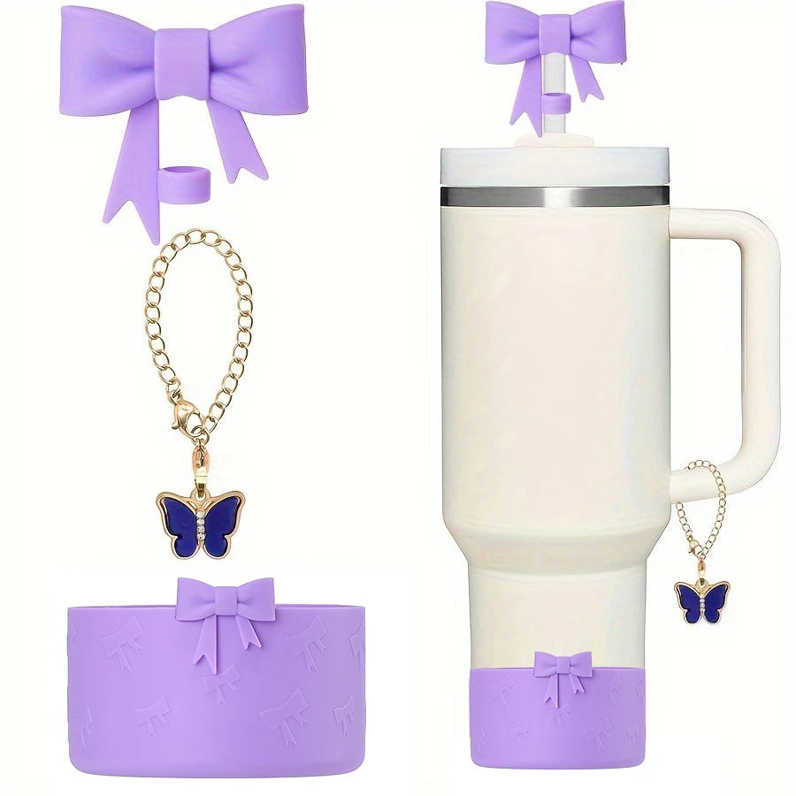 Juego de 3 Cubiertas de Silicona para Vasos con Diseño de Lazo y Cadena de Mariposa Rosa, Accesorios para Vasos de 30/40 oz ﻿