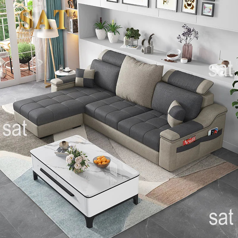# Juego de Sofás de Tela de Látex en Forma de L, Diseño Moderno y Simple, para Apartamentos Grandes y Pequeños, Combinación Modular para Sala de Estar con Esponja