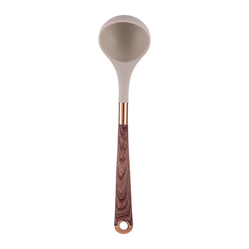 LMETJMA Juego de utensilios de cocina de silicona, 10 Uds., utensilio de cocina con soporte para utensilios, asas de patrón de madera, utensilios de cocina antiadherentes JT264