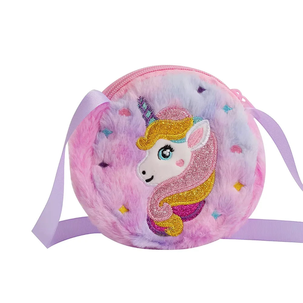 Bolso cruzado de unicornio de dibujos animados para niños, bolso de hombro de felpa bonito, Mochila pequeña para niñas, adecuado para regalos de vacaciones escolares, 2 uds.