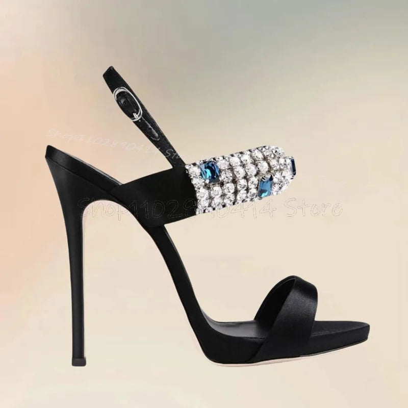 Sandalias de Punta abierta con decoración de cristal Para mujer, Zapatos de tacón alto fino con hebilla en el tobillo, a la moda, Para fiesta, 2024