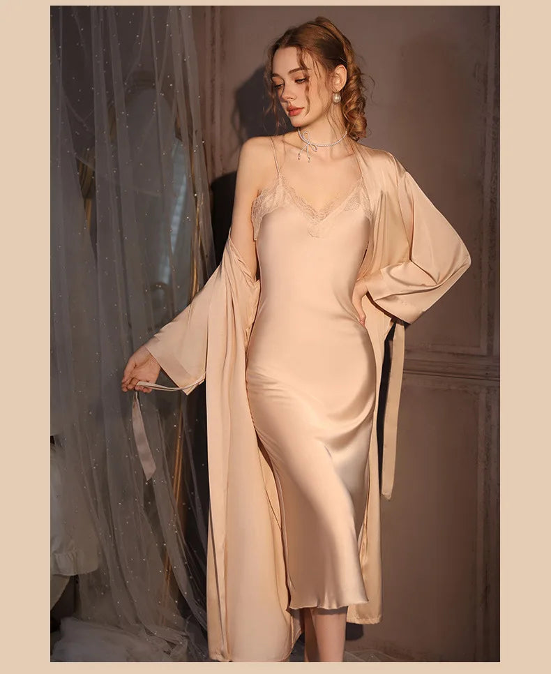 Conjunto de bata Twinset elegante para mujer, bata de baño tipo kimono largo, camisón de encaje Sexy, lencería, ropa de dormir nueva para primavera y otoño, vestido para casa