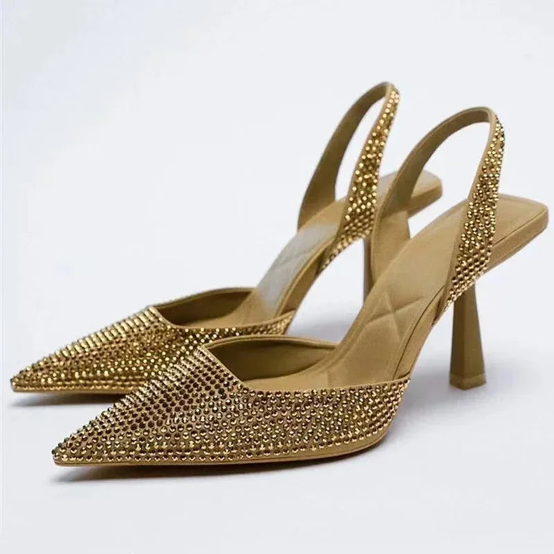 Zapatos de tacón alto 2025, novedad de verano, sandalias de marca para mujer, zapatos de tacón alto con hebilla de cristal a la moda, zapatos dorados elegantes para fiesta para mujer