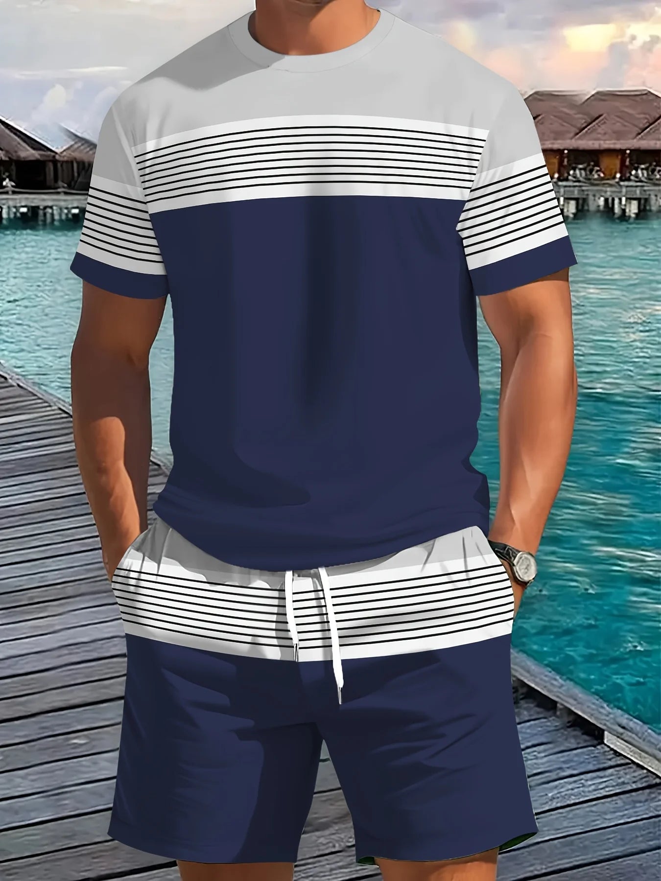 Nueva ropa deportiva de verano para hombre, conjunto de camiseta de manga corta a rayas, ropa de viaje al aire libre de dos piezas, pantalones cortos de ajuste relajado, ropa de entrenamiento