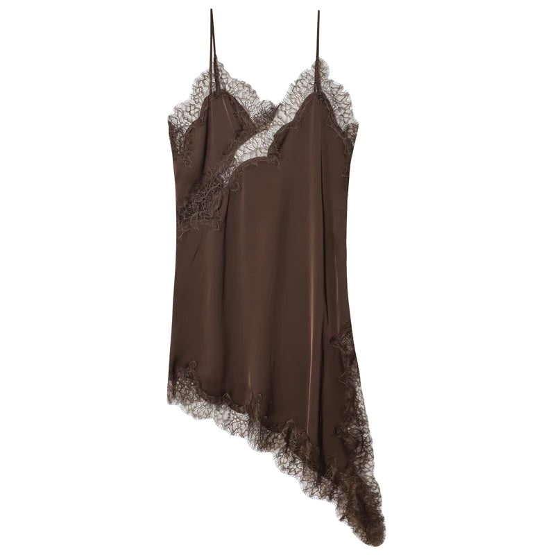 HXAO Vestidos para mujer, vestido asimétrico de encaje, verano 2025, Vestidos de noche sexis para mujer, Mini Vestidos marrones sin mangas y sin espalda