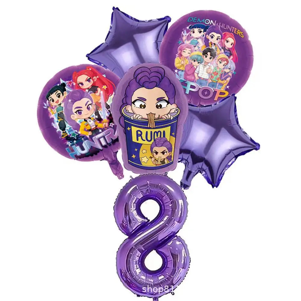 Set de Globos de Aluminio K-Pop para Grupo de Chicas, Números del 1 al 9 y Globos de Estrellas Púrpuras, Adornos para Pastel para Fiestas de Cumpleaños y Accesorios para Fotos
