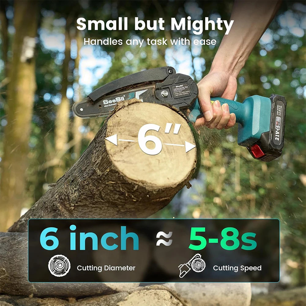 Mini motosierra Seesii inalámbrica de 6 pulgadas, sierra de cadena eléctrica de mano para herramientas de jardín, recorte de árboles, corte de madera, los mejores regalos