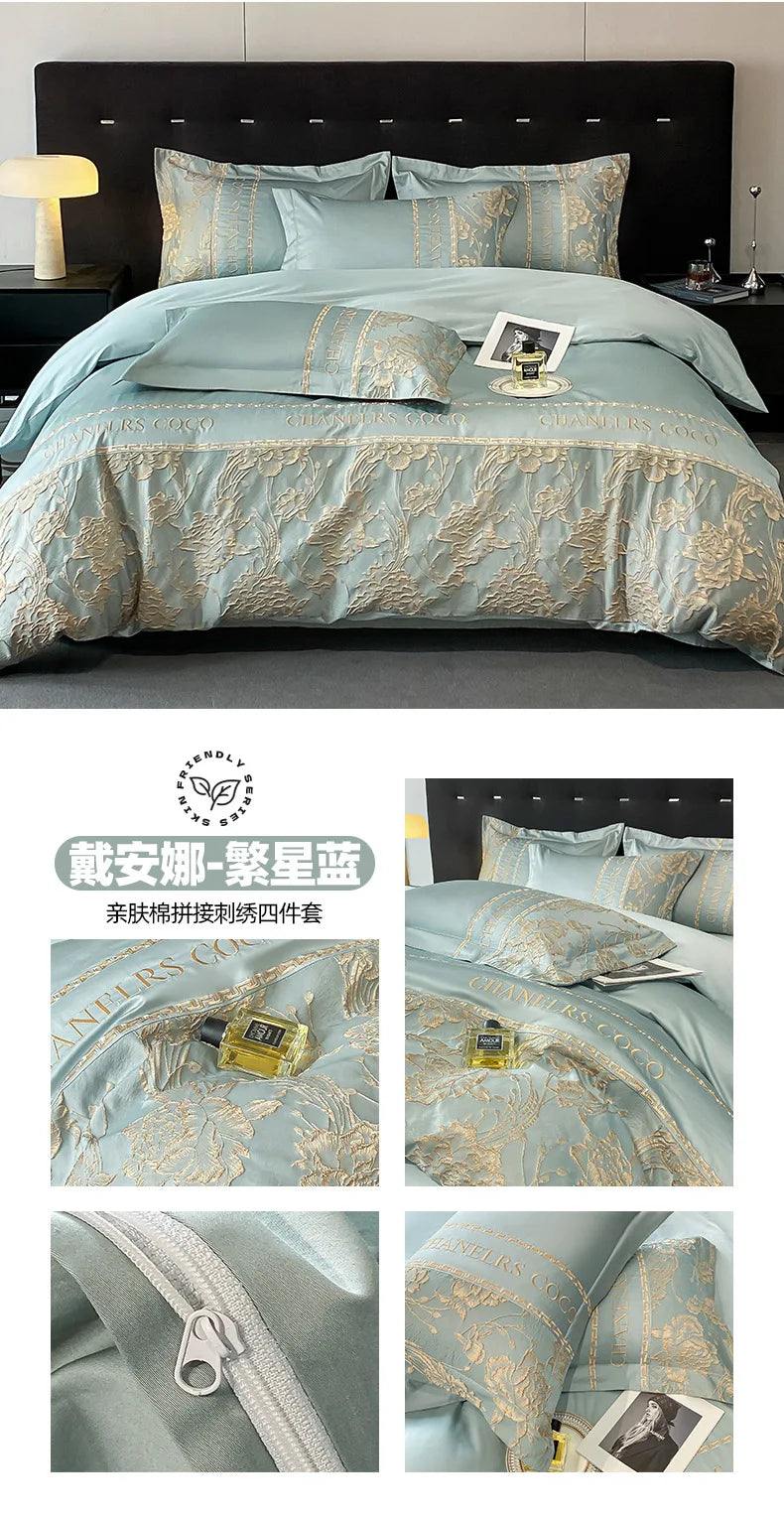 Juego de cama europeo de alta gama, juego de cuatro piezas de algodón de lujo, funda de edredón bordada de algodón, sábanas, sombreros, ropa de cama para personas mayores