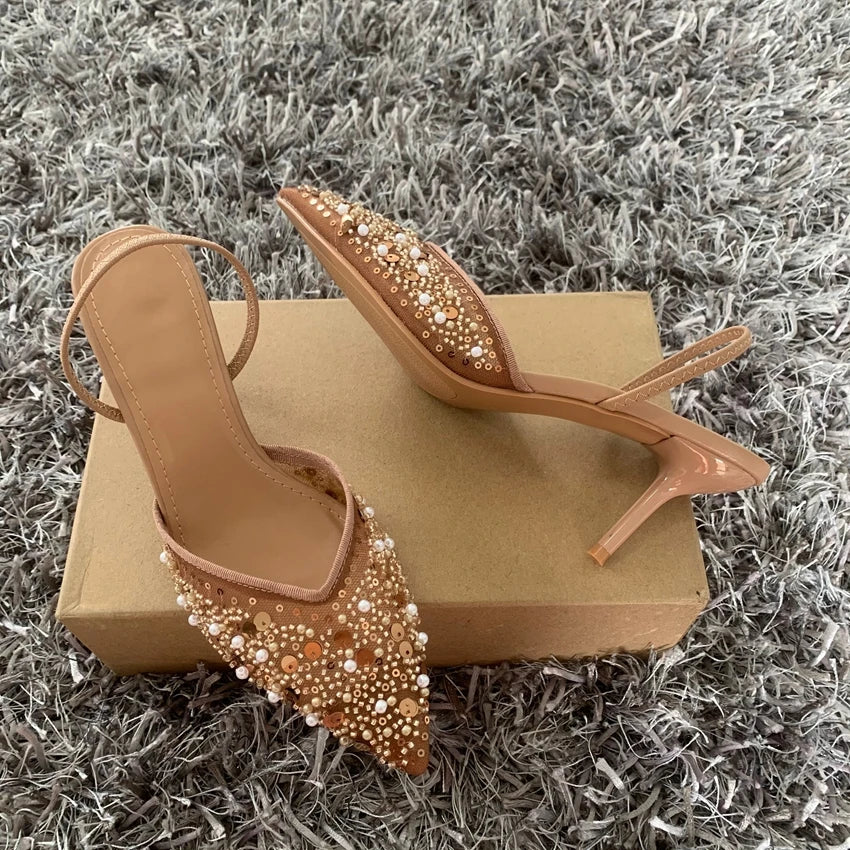 Zapatos de fiesta formales de tacón alto a la moda para mujer, sandalias modernas de lujo con lentejuelas y perlas de aguja Elengat de malla