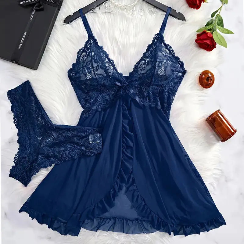 Traje con tirantes, camisón ultrafino de verano, conjuntos de Tanga de encaje, pijamas sexis para mujer, lencería, vestido de noche caliente, ropa de dormir cómoda