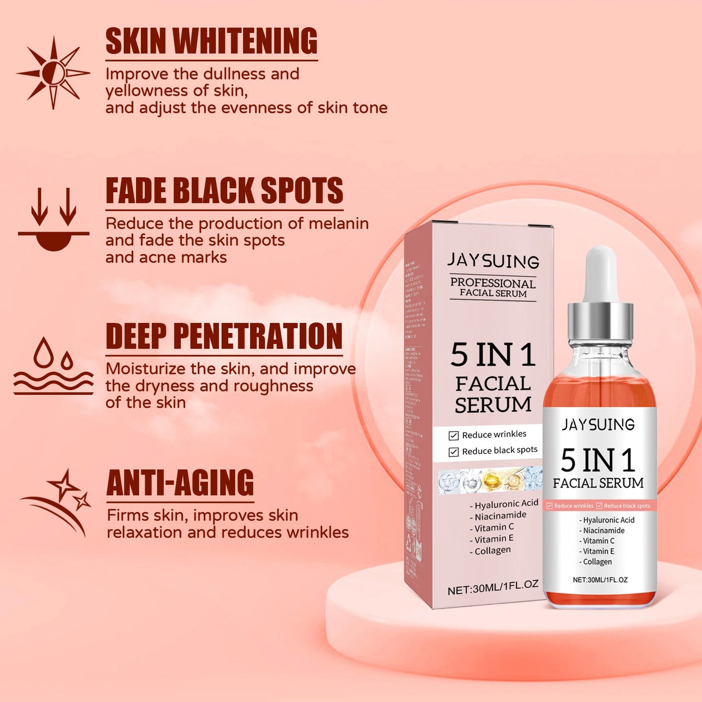 Suero Facial 5 en 1 para Reducir Líneas Finas, Reafirmante, Reduce Manchas y Pigmentación, Hidratante, Reafirmante de Piel