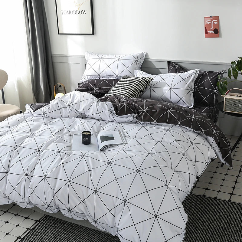 Funda de edredón Reversible, juego de cama de 3 piezas, funda de edredón geométrica en blanco y negro con 2 fundas de almohada, Queen y King
