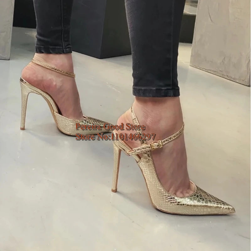 Sandalias de tacón alto con punta abierta y lado dorado, sandalias de piel de serpiente con punta en pico y hebilla, tacones de 12cm, zapatos de vestir para mujer