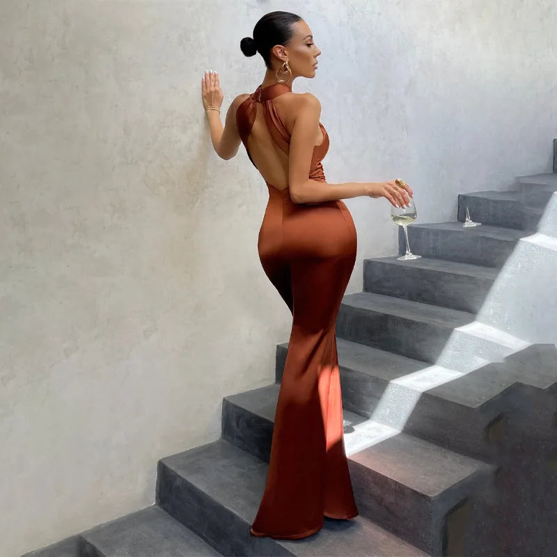 Vestidos de Fiesta Elegantes para Mujer, Vestido Maxi con Cuello Halter y Detalle Cruzado en la Parte Delantera, Vestido de Noche Ajustado
