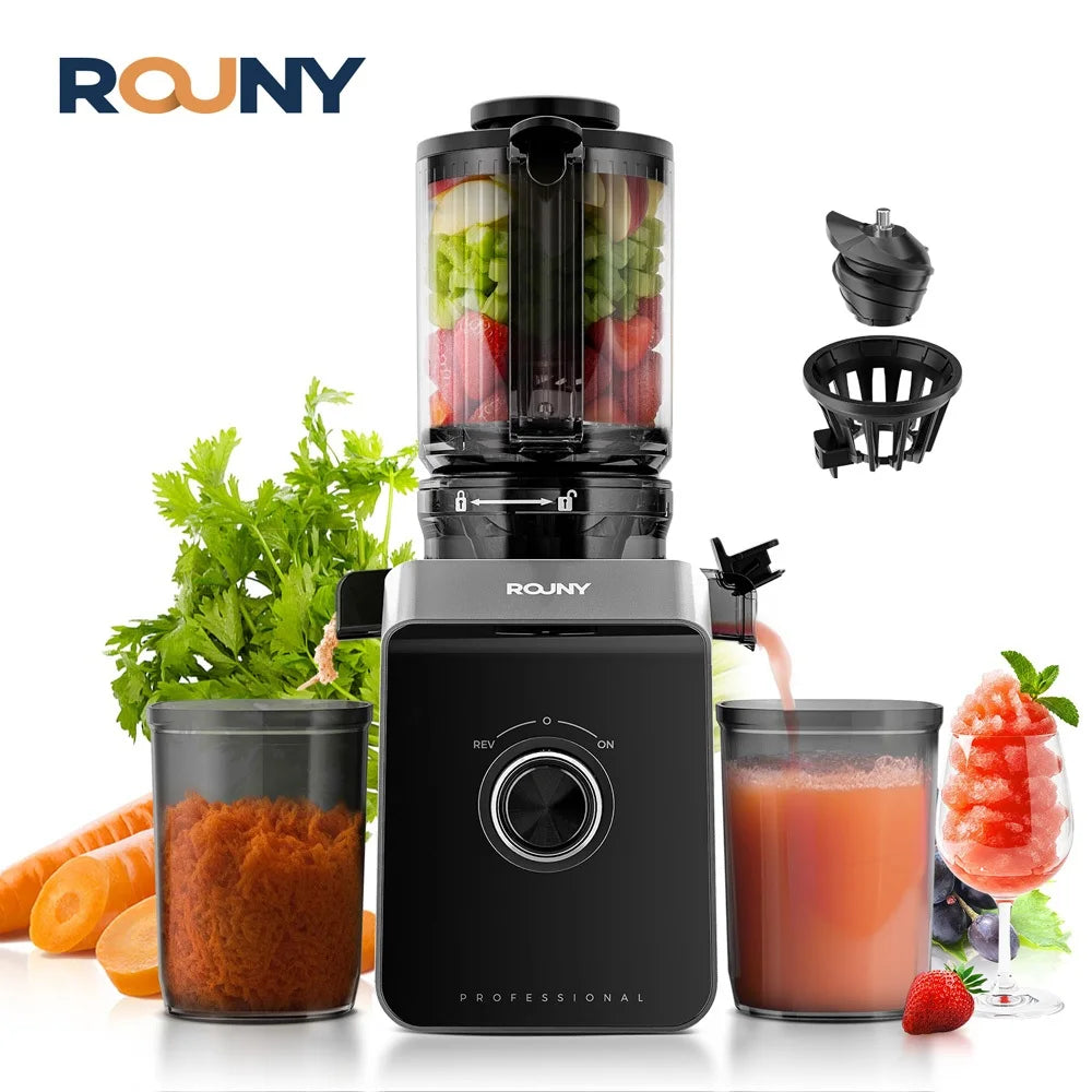 ROUNY Exprimidor lento, extractor de prensa en frío con sin filtro, máquina exprimidora de frutas eléctrica de fácil limpieza con gran calibre, negro