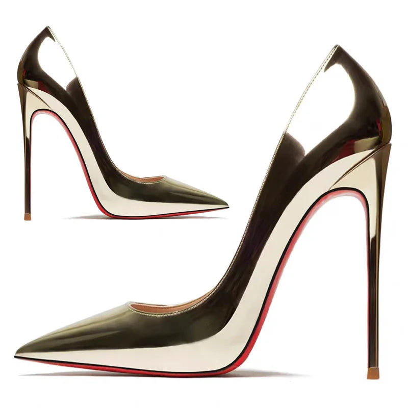 Tacones altos plateados, tacones delgados para mujer, nuevos zapatos individuales puntiagudos de boca poco profunda, zapatos de banquete de gran tamaño con espejo