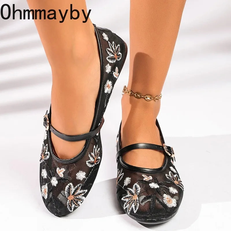 Zapatos Mary Jane de malla con bordado floral de primavera para mujer, zapatos con correa y hebilla concisa, zapatos de suela suave, zapatos planos de ballet transpirables para mujer