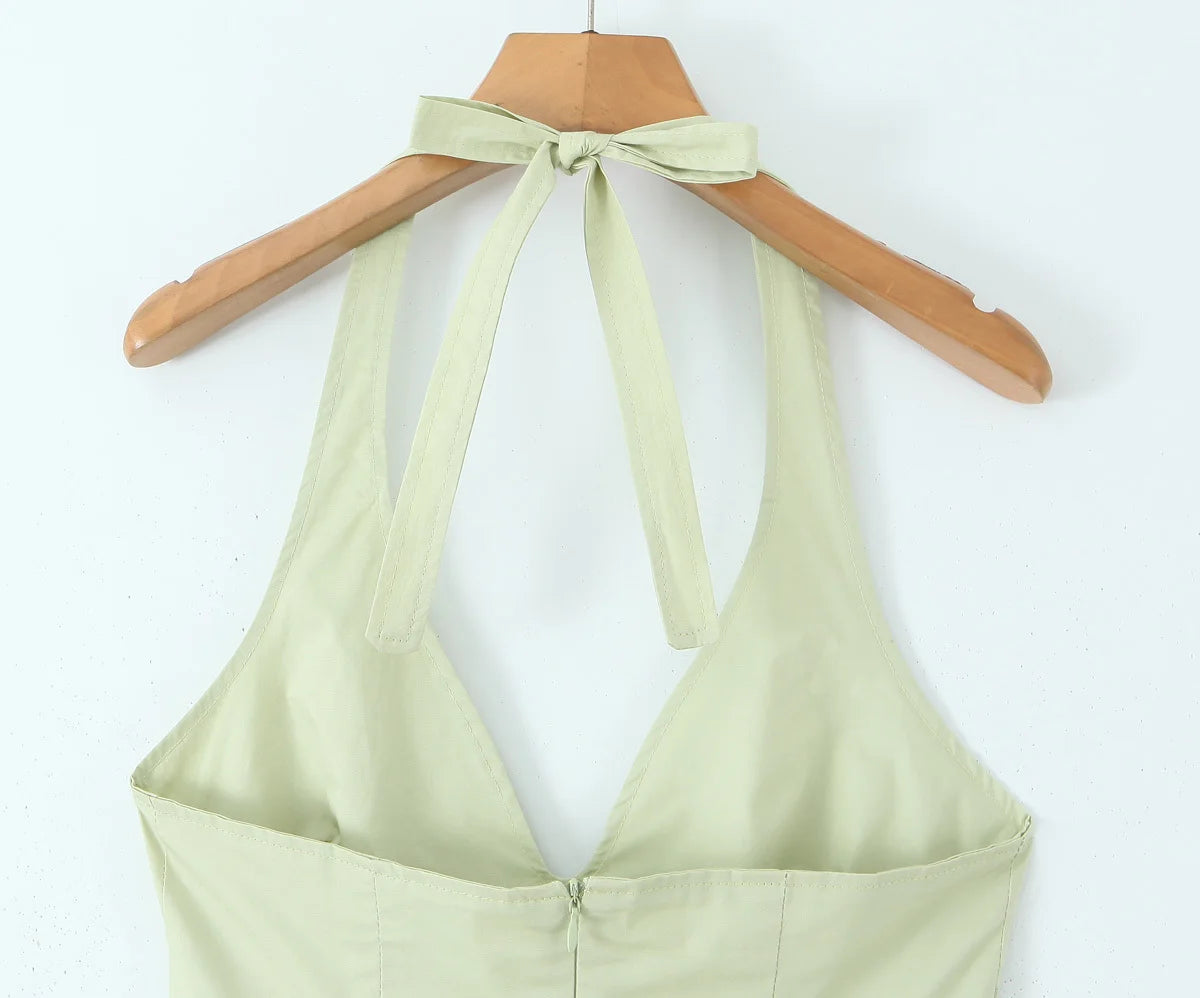 YENKYE-vestido Sexy con espalda descubierta para mujer, vestido verde elegante con cuello Halter, cintura baja, corte en A, Midi, vestidos de fiesta de noche de verano, bata de algodón