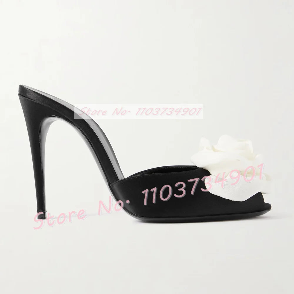 Mules de tacón alto fino de satén para mujer, zapatos aterciopelados con apliques florales, color rosa y rosa, elegantes y negros